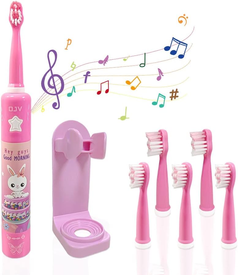 OJV 8620 Musical Electric Toothbrushes for Kids Children, 3 Modes 2 Min Timer, 6 Bristles Rechargeable Power Smart Sonic Music Play Song Toothbrush for Girls Age 3-14 with Wall Mounted Holder (Pink) - Image 1